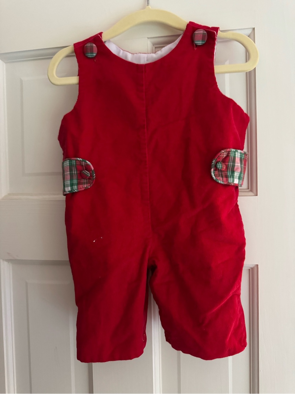 Worn Once! Red Corduroy Overalls with Plaid Accents with white onesie